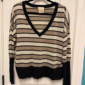 Chaser Women's V-Neck Sweater in Black and Tan Stripes